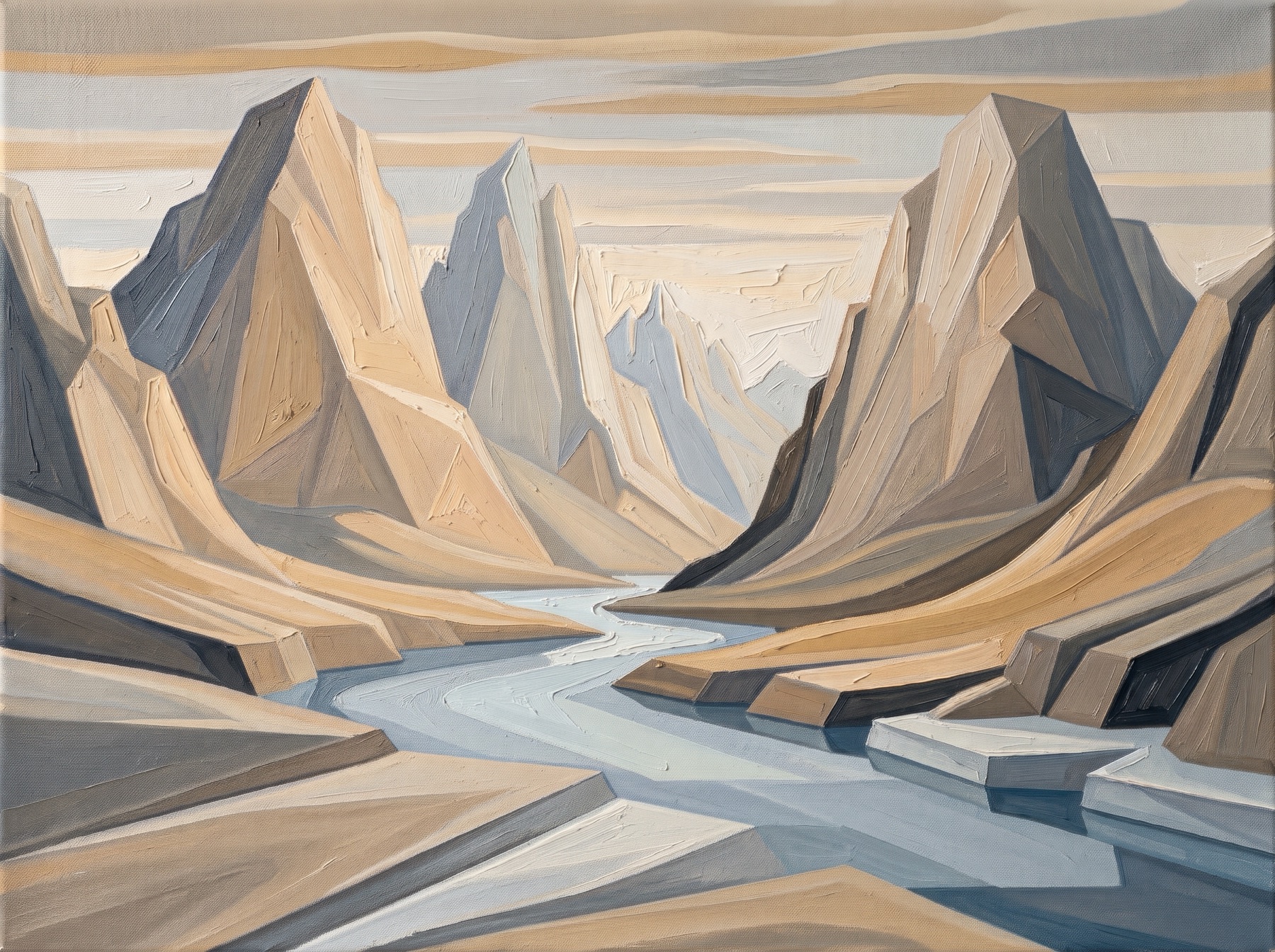 Painting of a river winding between angular mountains in sand, slate and pale blue